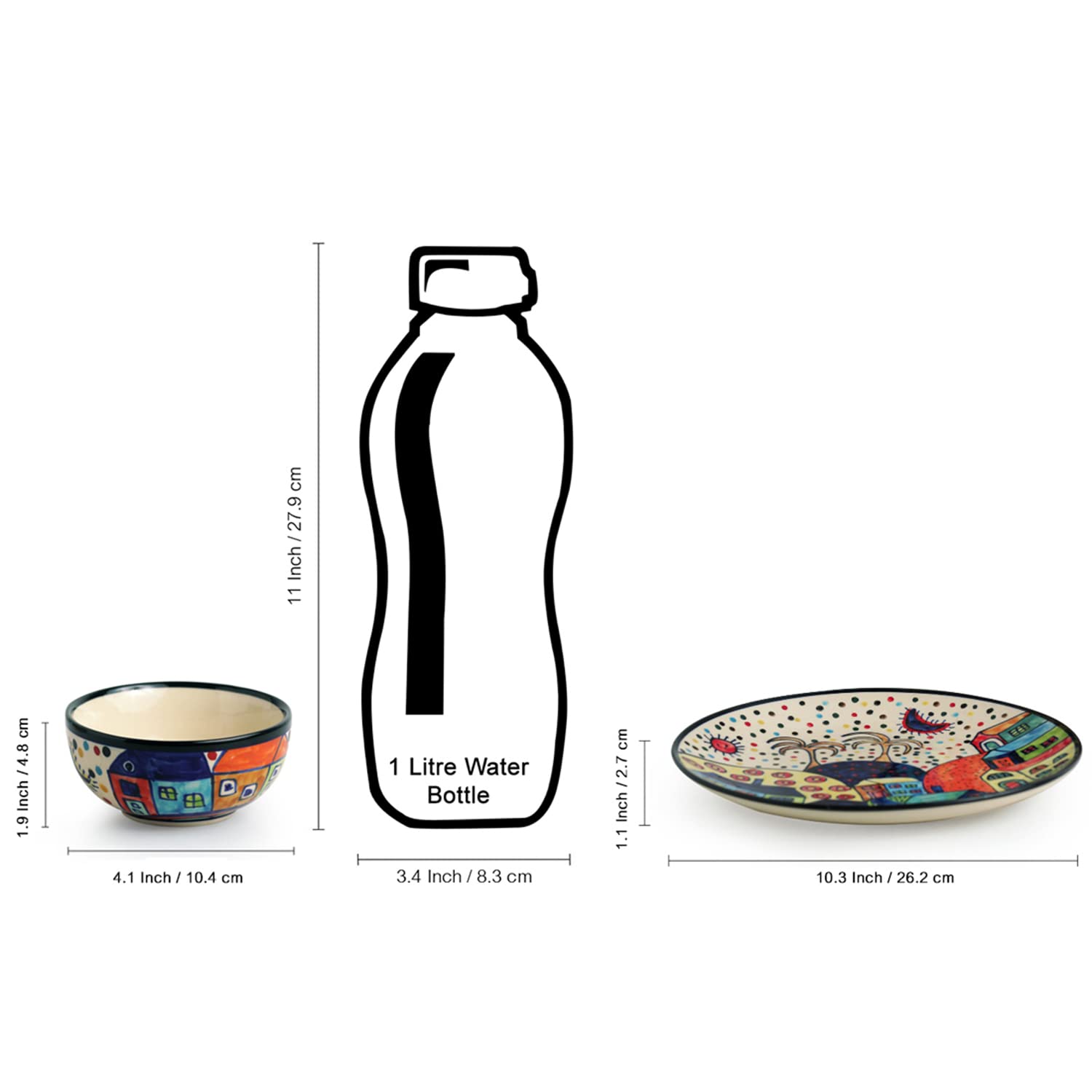 Exclusivelane Hut Dining Handpainted Ceramic Dinner Set Ceramic Plates For Dinner Plates With Ceramic Bowls Katoris (8 Pieces,